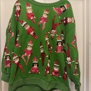 QUEEN OF SPARKLES Green Sweater with Red Elf Design